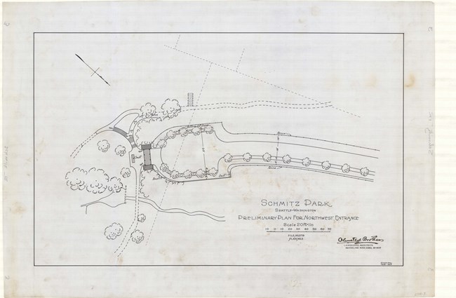 Pencil drawing of skinny park with road on one side with trees lining park with an open space.