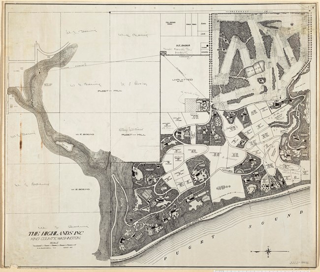 Map of golf course with houses and buildings on other side of lot with curving road around buildings.