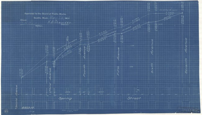 Blue paper and white lines show many rows in grid formation with one line going up road showing grading of land.