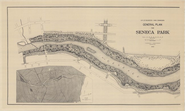 Pencil drawing of Genesse River with dense plantings on both sides and tree lined pathways on the edge. Some roads lead to the park.