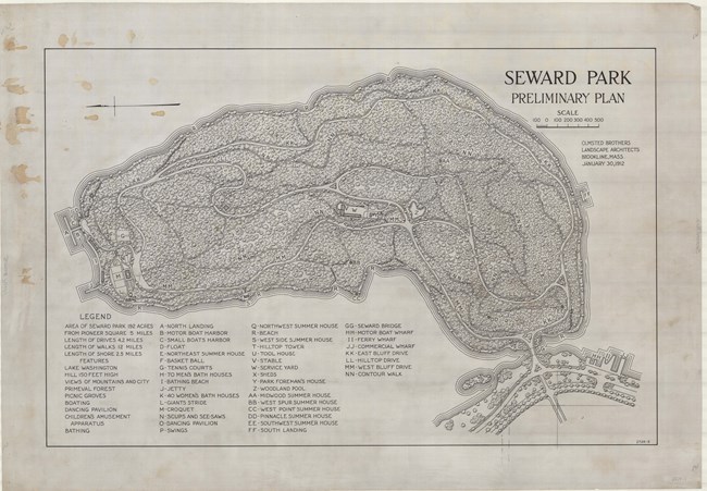 Plan for Seward Park, with curving paths cutting through dense stands of trees, with one path leading out to the street, which is also lined with trees.