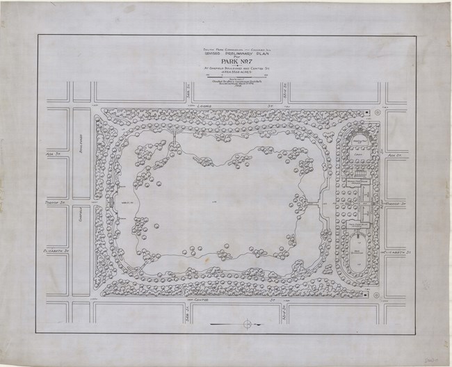 Pencil sketch of rectangular park with roads enclosing the park and trees lining the edges. In the middle is an open space with few trees.