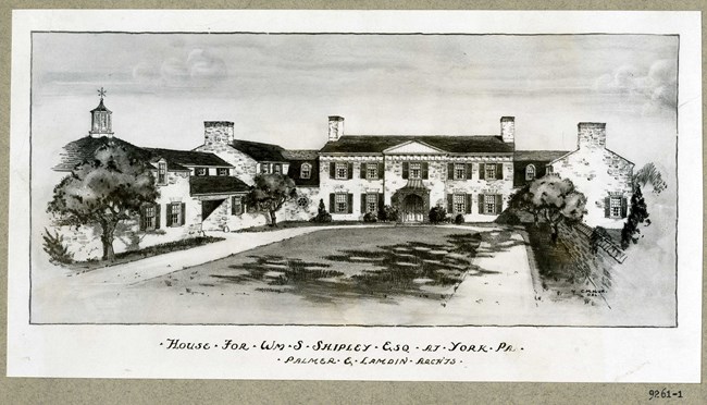Pencil drawing of large symmetrical home with grassy rectangular area in the front, with curving U road with trees along it.