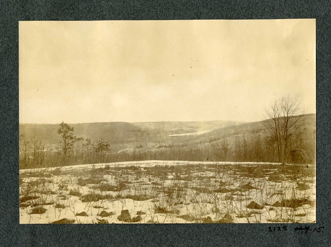 Black and white of top of a hill with snow on the top of the hill and looking out to the valley is filled with trees