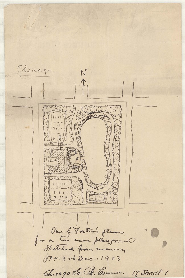 Pencil drawing of square park enclosed by city streets with many trees, paths, and a circular path with an open space in the middle.