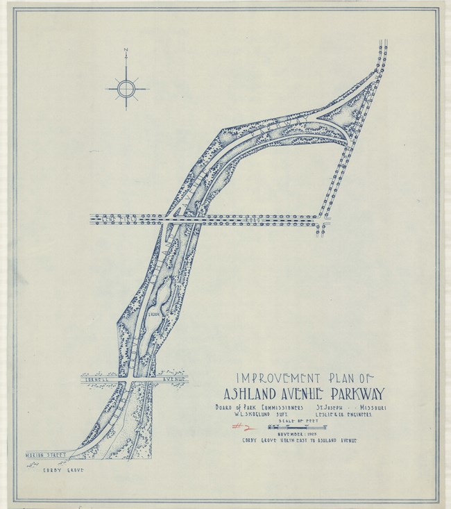 Pencil drawing of large park in shape of an L with trees lining the roads and some roads intersecting the park.