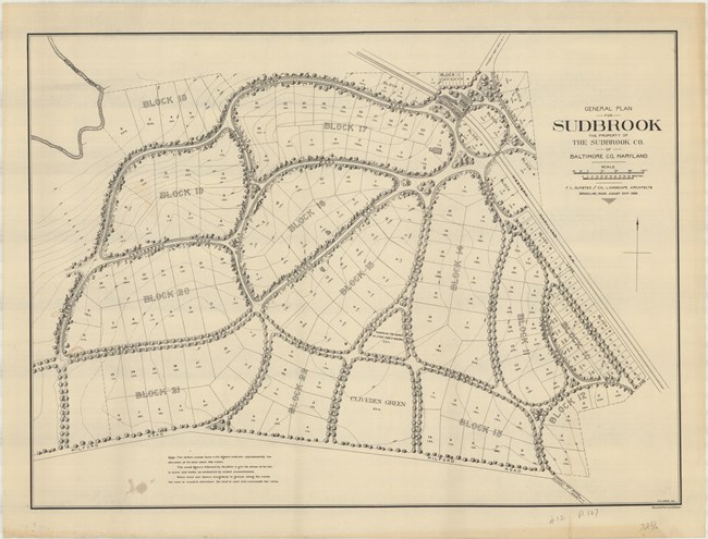 Plan of community with five curving lines going out from a central point. The curved roads go through the community and are lined with trees. Separated lots are also lined with trees