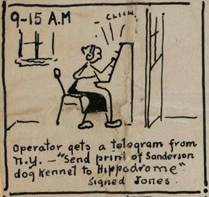 Cartoon of telegram operator at desk
