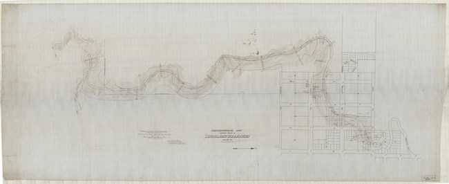 Pencil drawing of curving park going through city grid then to open space, with topographical lines.