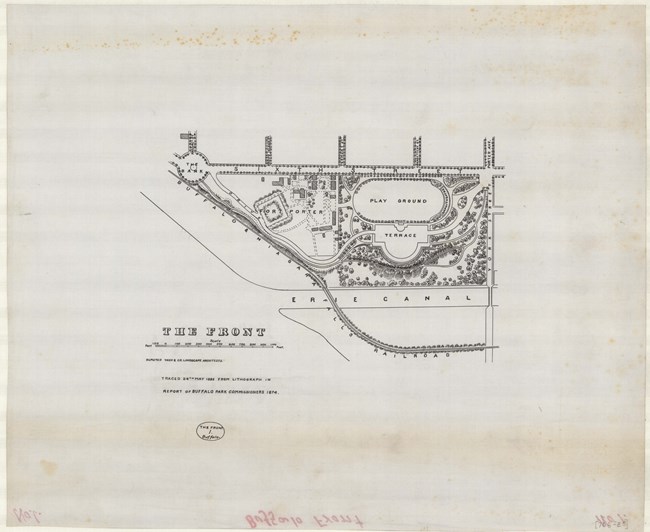 Pencil drawing of rectangular park cut off on one side, with an oval playground, many curving paths lined with trees. Straight roads lead up to the park.