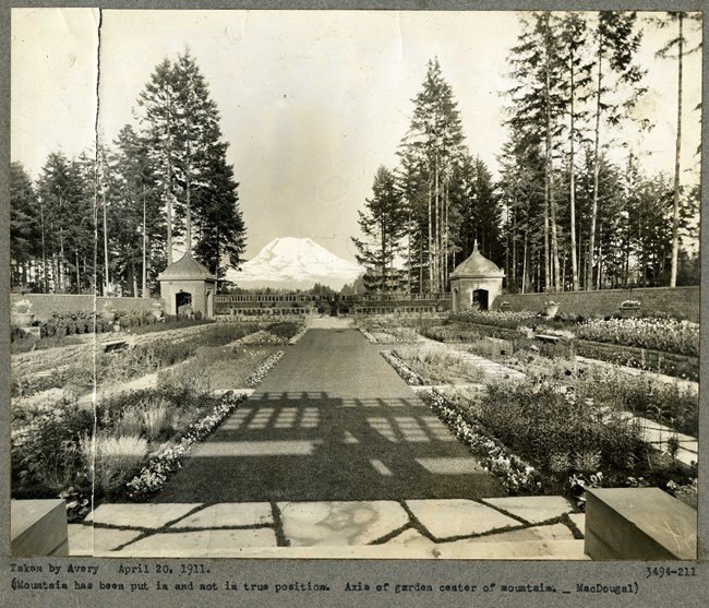 Black and white photograph of garden broken up into rectangular squares, with an open green space in the center. In the distance, a snowcapped mountain rises to the sky