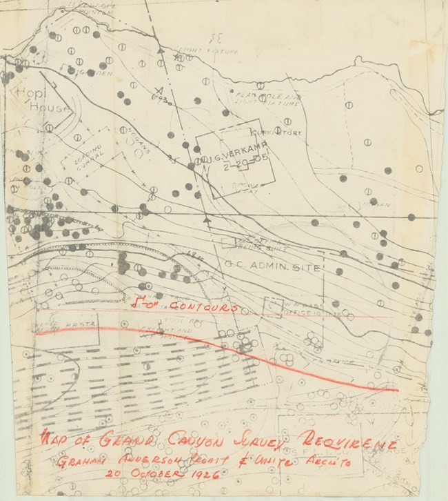 Map of grand canyon survey, with many lines going through indicating topography, large dark circles, and square sketches of buildings