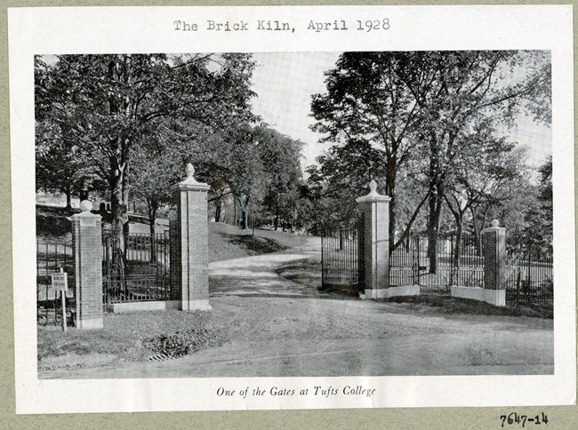 Image of entrance through gate leading up a hill with trees and grass on its sides.