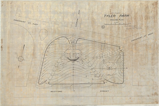 Pencil drawing of small rectangular park enclosed by four streets, with topographical lines