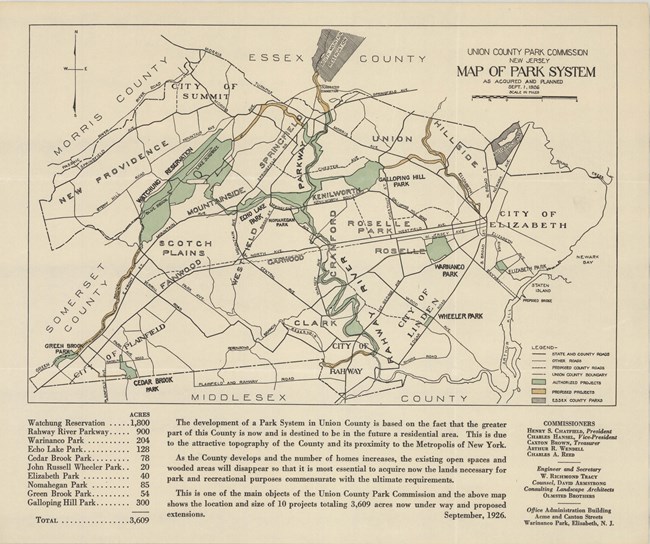 Pencil map of county with many roads and some park land, all connected with each other