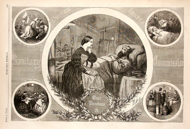 Black and white pencil drawing titled Sanitary Commission. There are five different images each portraying a similar scene. In each, a man is in bed ill or seriously wounded, and one or more woman stand over them, caring for them.