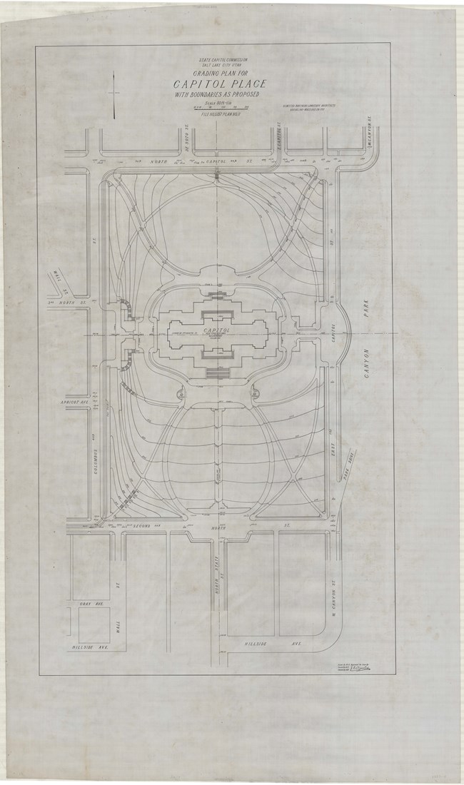 Pencil drawing of symmetrical building enclosed by four straight rows, with topographical lines showing the building is on top of a hill.