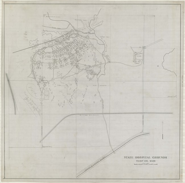 Pencil drawing of many curving roads with group of buildings all symmetrical with trees around each building.