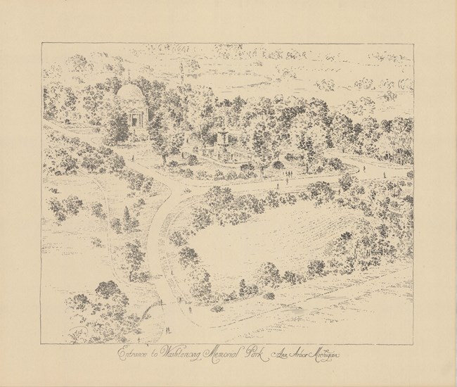 Pencil drawing of roads lined with trees with open green space in-between, with some buildings between green space and roads