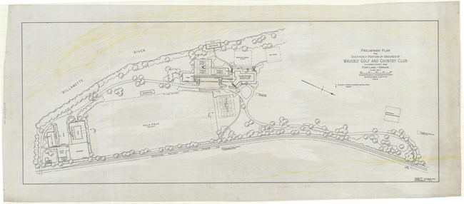 Pencil drawing of country club buildings next to large polo field with roads encompassing it lined by trees