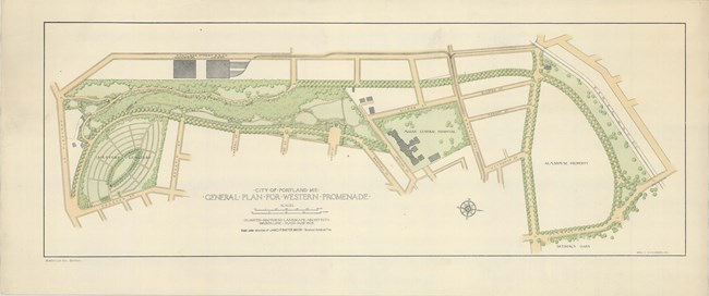 color drawing of long roadway with green areas all around and within it