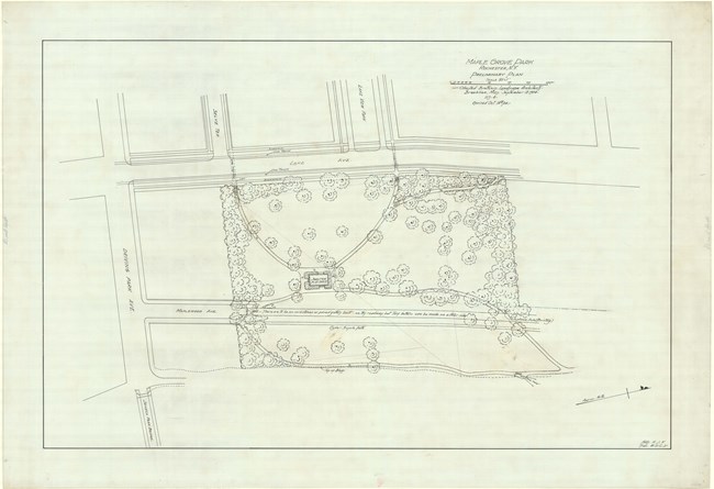 Pencil plan of park, with roads forming a square with many trees