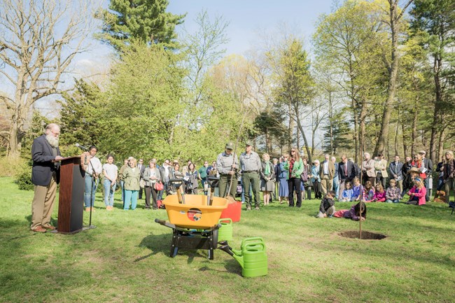 Group crowds on flat lawn to listen to speaker and plant a new tree