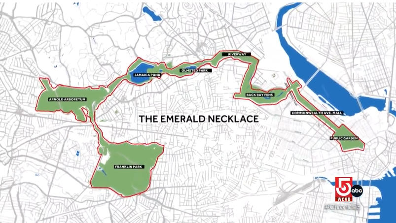 Map of Boston with Emerald Necklace, park area in Boston, colored in green.