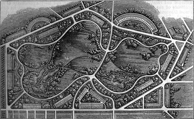 Black and white map of park with many curving paths and green space.