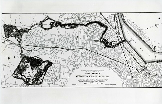 Pencil drawing of map of park system with many parks all connected together cutting through city