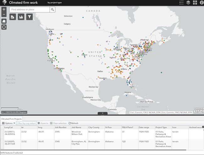 Screen shot of US Map with markers showing locations of Olmsted landscapes