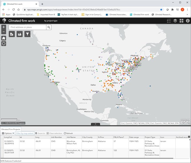 map of United States with GIS data marking Olmsted-designed landscapes