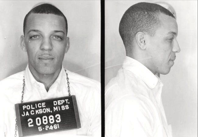 Dave Dennis with front and side mug shots entering prison.