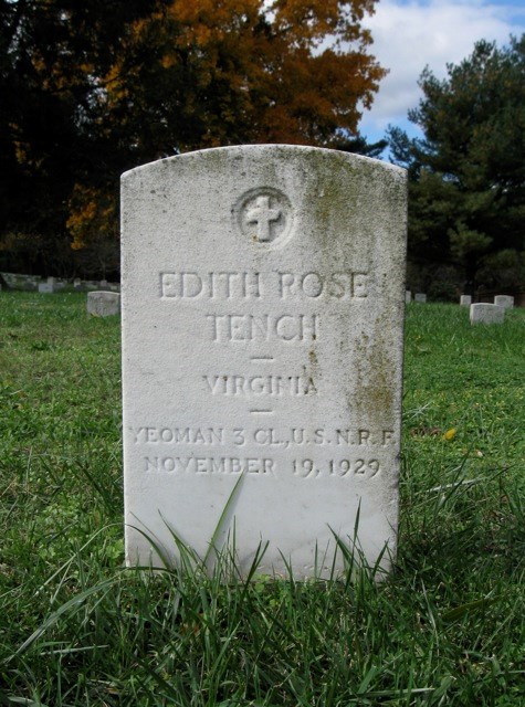 Grave of Edith Rose Tench in Fredericksburg National Cemetery White stone grave with name Edith Rose Tench on grass with cemetery in background