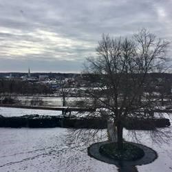 View overlooking the Rappahannock River with ice on it and town of Fredericksburg in the background