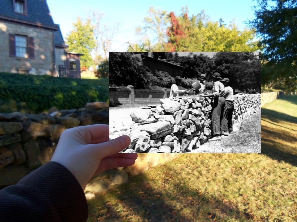 Historic photo of Civilian Conservation Corps reconstructing a portion of the Stone Wall at Fredericksburg held against modern landscape