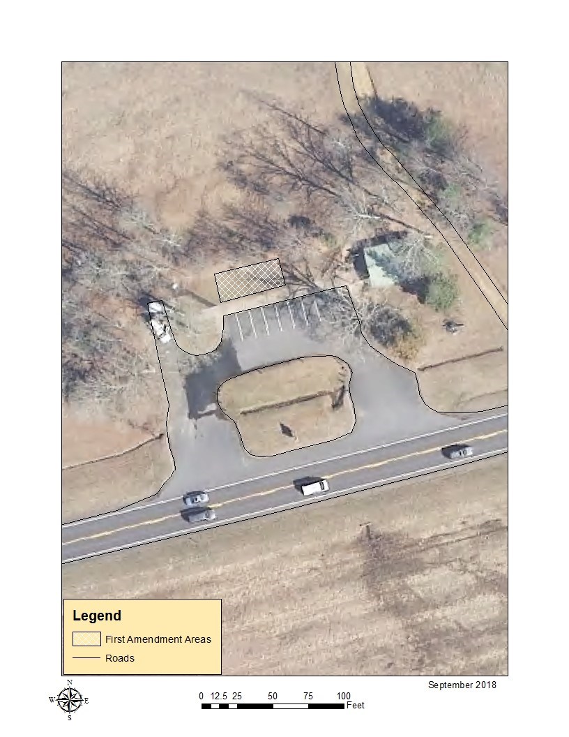 Aerial view of the Wilderness Exhibit Shelter with first amendment area demarcated