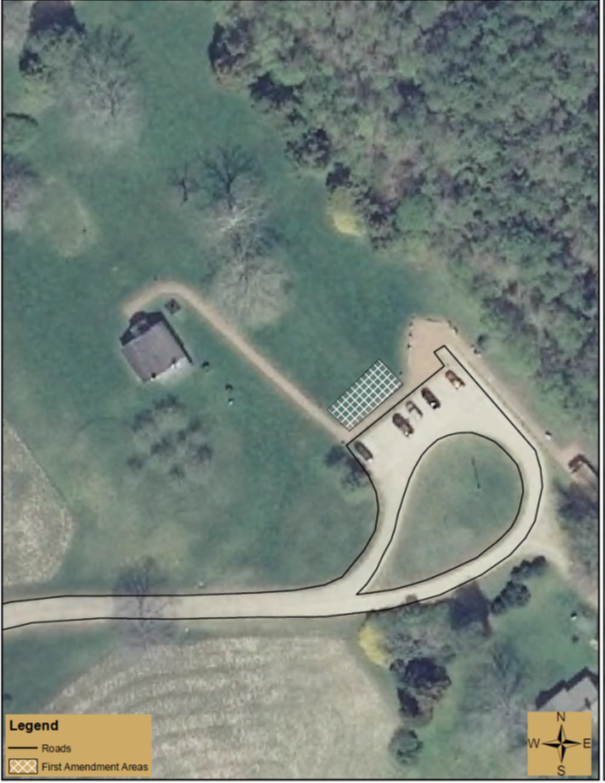 Aireal photograph of the Stonewall Jackson Deathsite highlighting the 1st Ammendment Demonstration Area just to the North West of he parking lot.