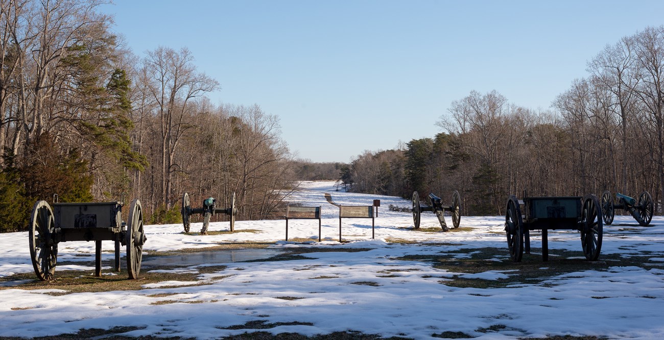 A field with artillery pieces pointed across a narrow cleared strip with a  2 inch layer of snow on the ground.