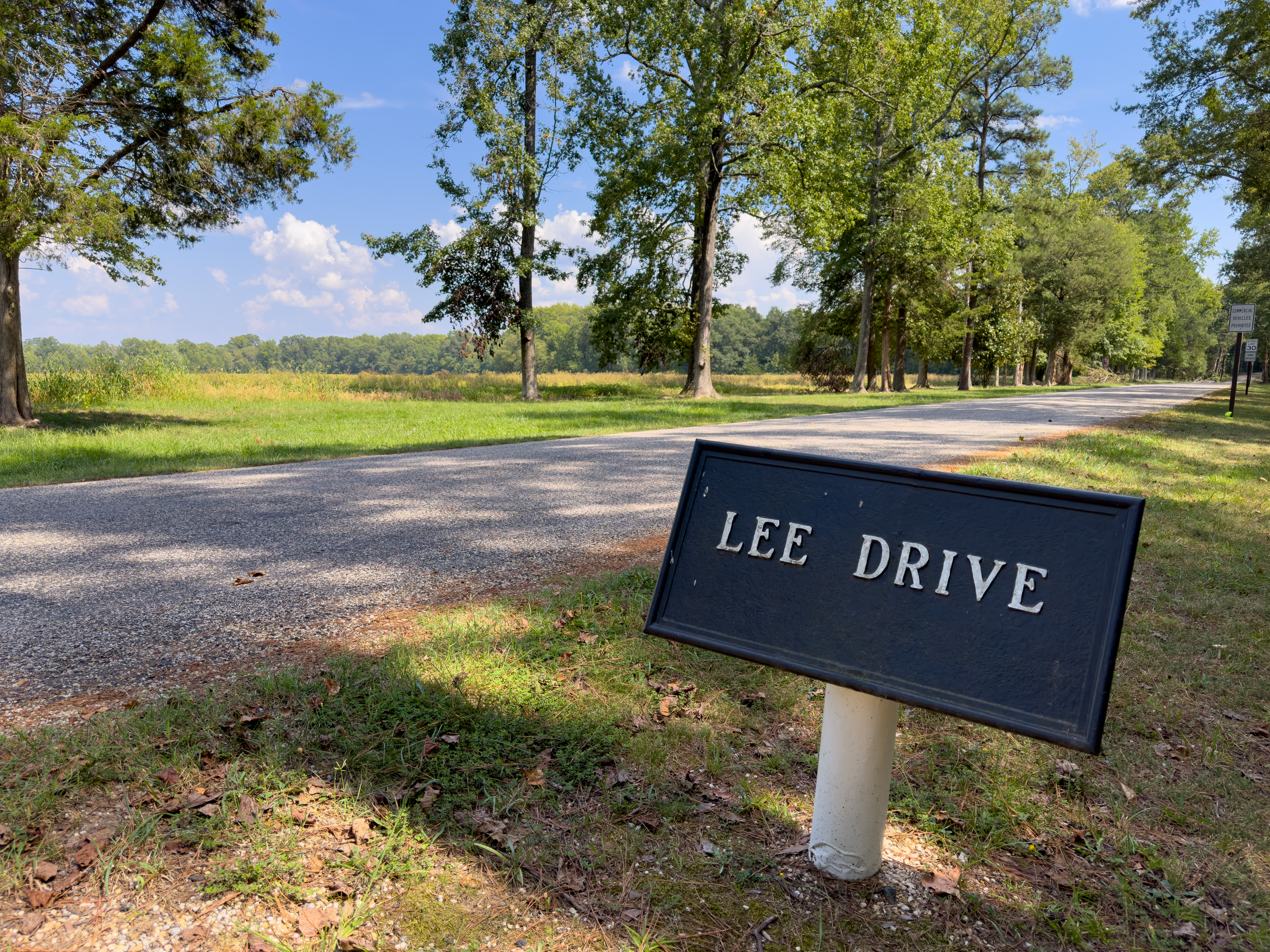 A park road with sign, Lee Drive, nearby.