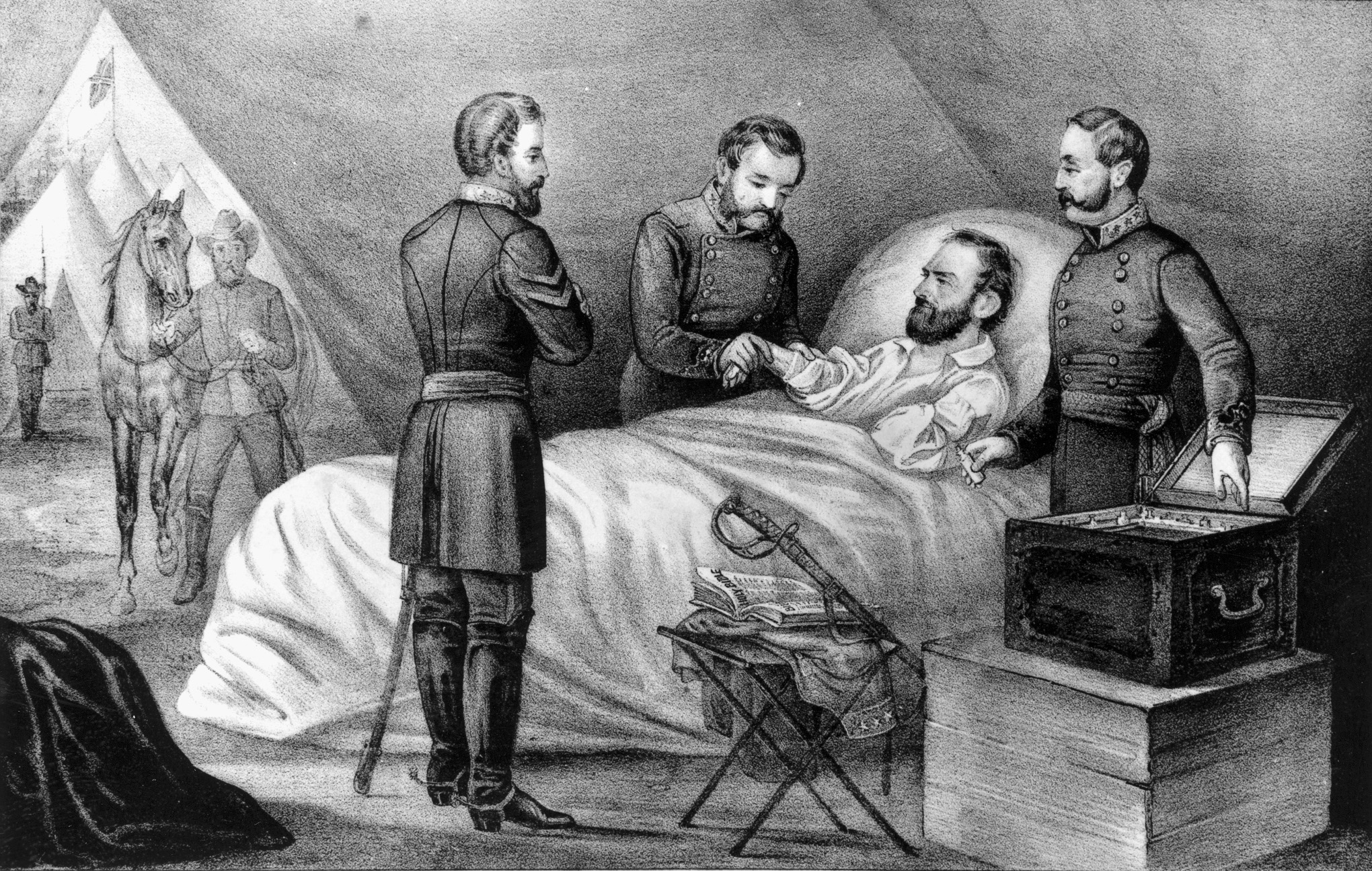 Drawing of Jackson in bed, surrounded by staff members.