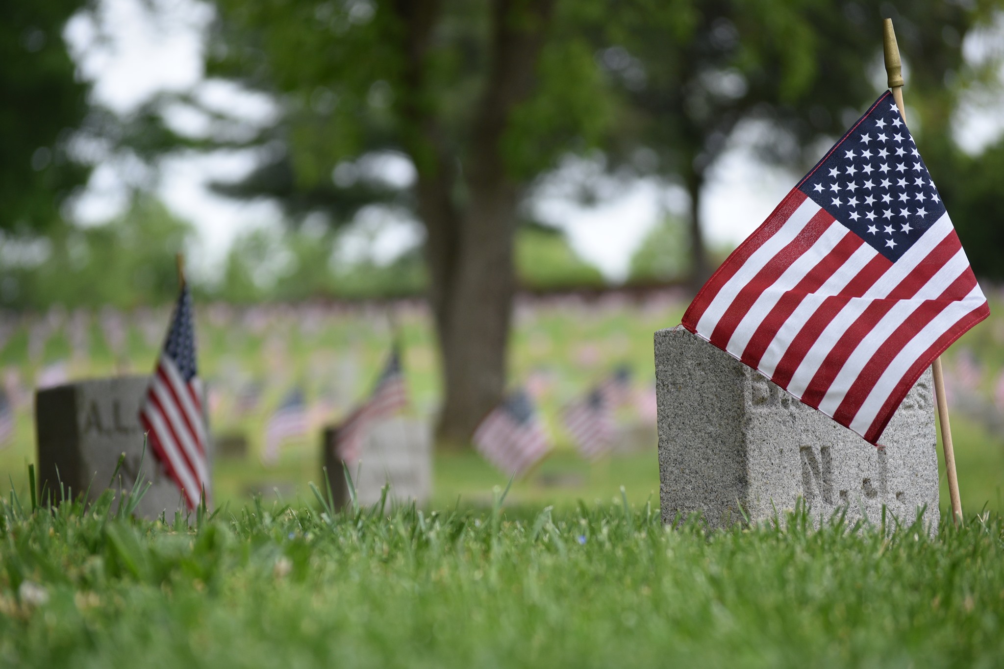 A flag on a grave in a cemetery.