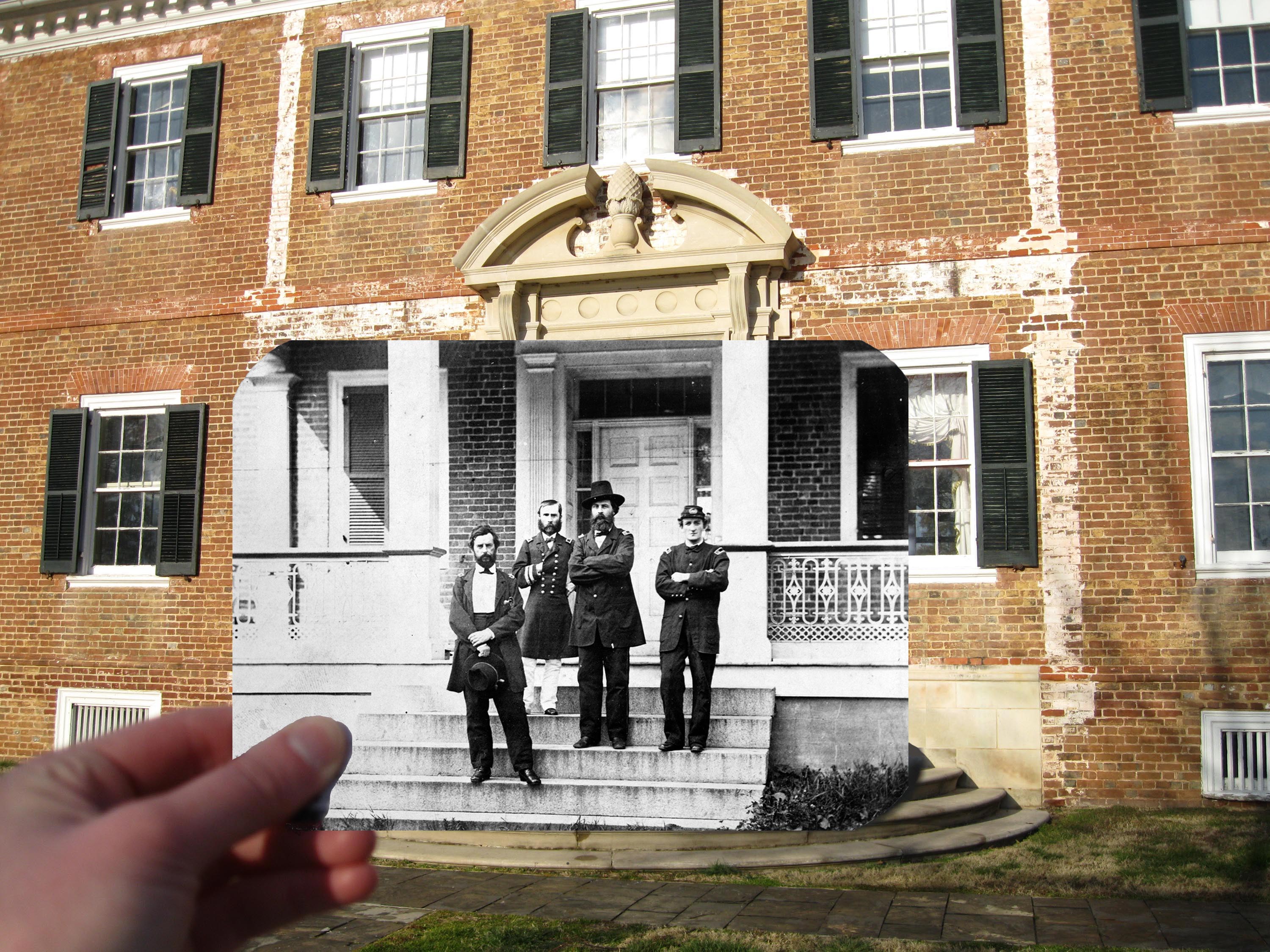 Historic image of Union officers overlaid on modern image of Chatham Manor's brick front.