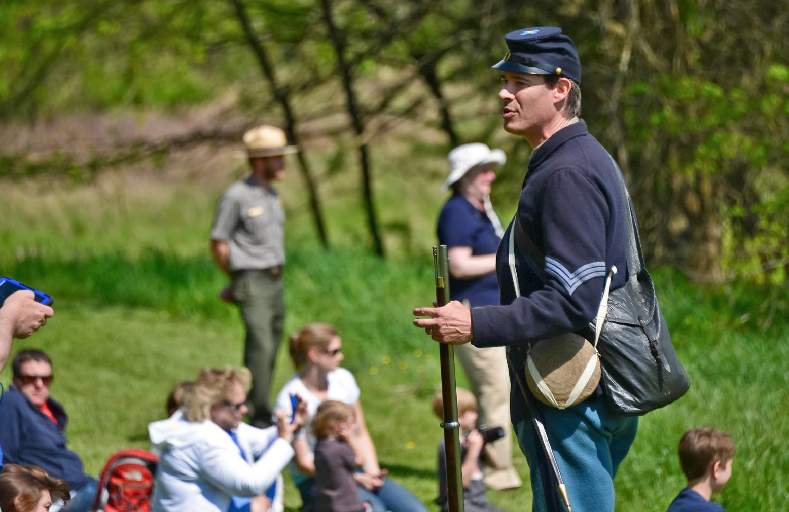 Living History Event at Wilderness, 150th A living historian in US Civil War soldier uniform speaks to the public.