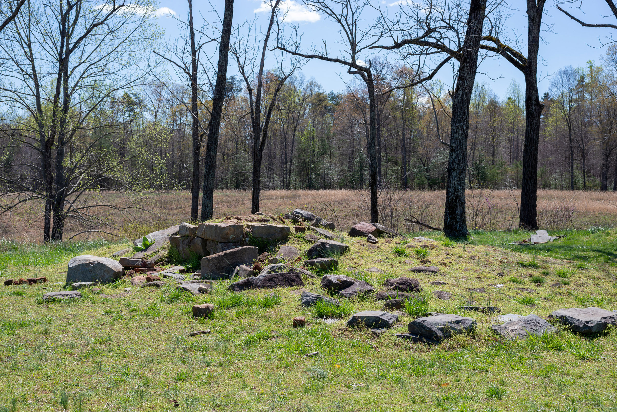 A pile of stone covered in grasses formerly a house site.