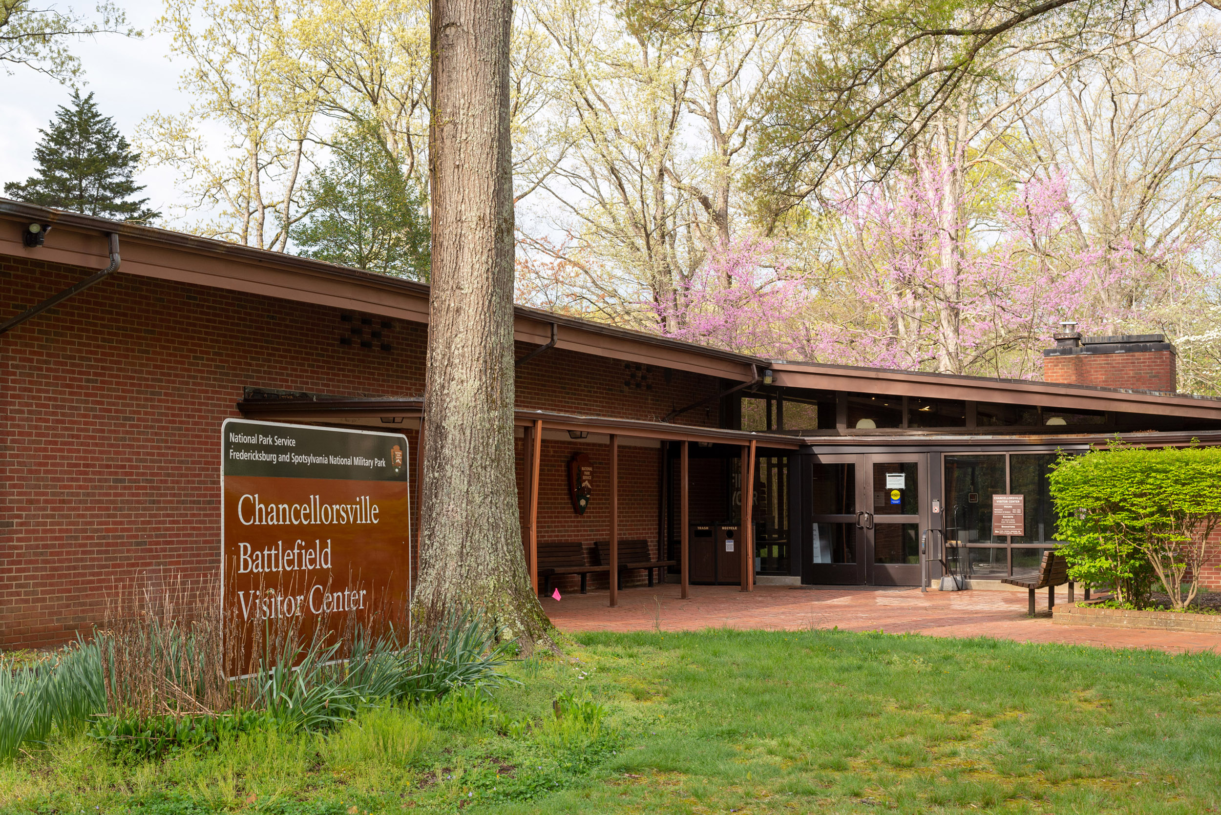 A low, single story brick building surrounded by blooming flowers in trees 