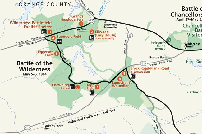 Map showing the driving tour route for the Wilderness Battlefield