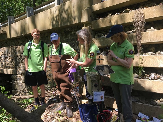 streamsteard Stream Steward volunteers are learning how to collect data from one of the park’s many water quality monitoring devices.