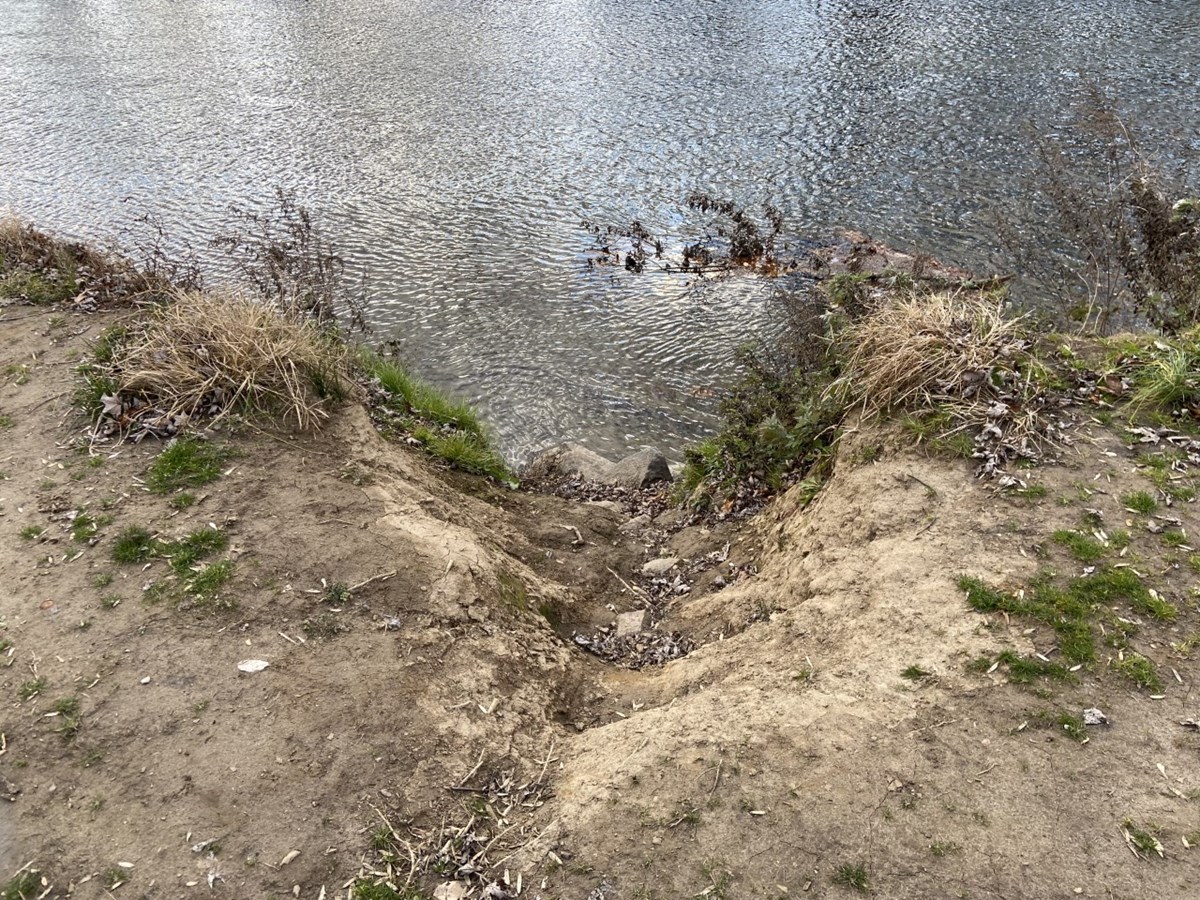 Image shows little to no vegetation with a deep cut into the bank caused from erosion.