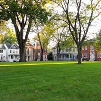 Open green space in the center of several row homes.